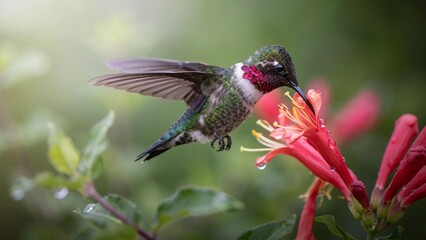 Naklejka premium Hummingbird feeding on a bright pink flower in the garden
