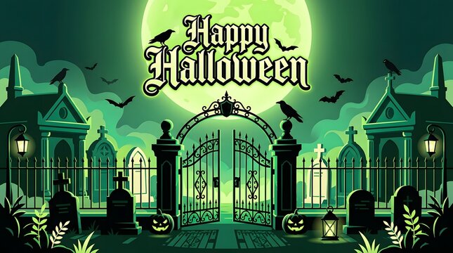 Spooky halloween graveyard scene with ornate gates and a full moon in the night sky