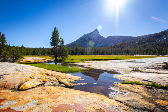 Lower Cathedral Lake reflects scenic Yosemite mountains