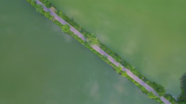 Aerial view of a road cutting through the green waters of the Trebonsko Protected Landscape Area in Trebon, South Bohemian Region, Czechia.