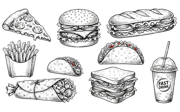 Hand drawn sketch illustration featuring a variety of popular fast food items like burgers pizza tacos and sandwiches