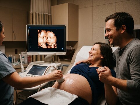 Happy pregnant woman and her husband watching twins ultrasound scan at the doctor office
