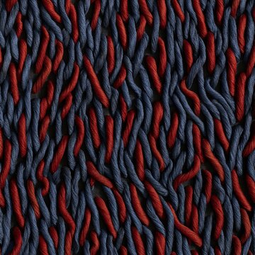 Mexican Otomi tenango style embroidery texture with deep indigo and red satin stitching, featuring heavy thread relief and tactile shadows for textile design backgrounds