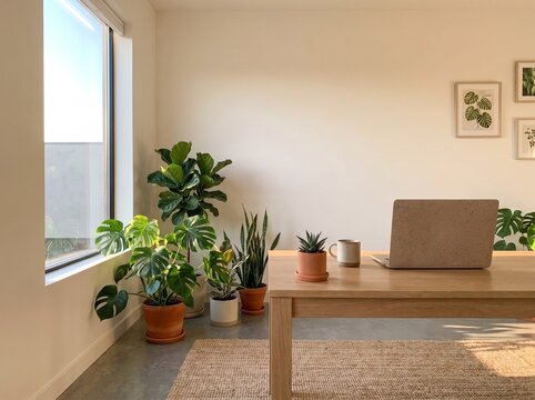 Modern minimalist home workspace with green houseplants and recycled laptop in warm sunlight