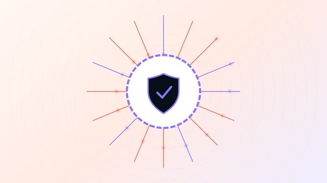 Animated shield icon with a checkmark symbolizing a firewall or antivirus successfully blocking incoming digital threats, representing data protection, network security, and internet safety
