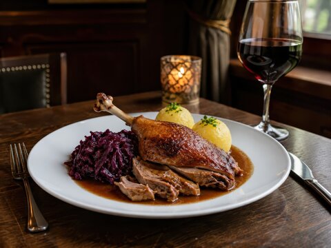 G&auml;nsebraten im deutschen Restaurant: Knusprige G&auml;nsekeule mit Rotkohl, Kartoffelkl&ouml;&szlig;en und kr&auml;ftiger Bratenso&szlig;e, festlich mit einem Glas Rotwein serviert.