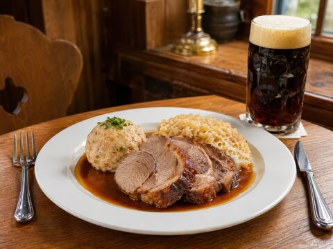 Schweinebraten im deutschen Restaurant: Saftige Bratenscheiben mit Semmelkn&ouml;del, Sauerkraut und dunkler So&szlig;e, deftig auf wei&szlig;em Teller mit Bier serviert.