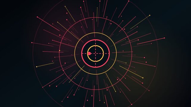 Futuristic animated graphic with a central circular hub sending and receiving data through radiating lines and dots. Representing network connection. Data analysis