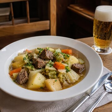Pichelsteiner Eintopf im deutschen Restaurant: Bayerischer Gem&uuml;seeintopf mit Rindfleisch, Kartoffeln, M&ouml;hren und Kohl, deftig mit einem k&uuml;hlen Bier serviert.