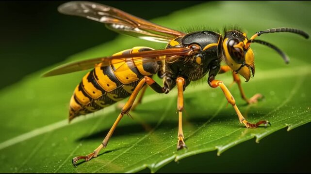 Close-up view of a yellow and black striped wasp resting on a vibrant green leaf in natural light.
