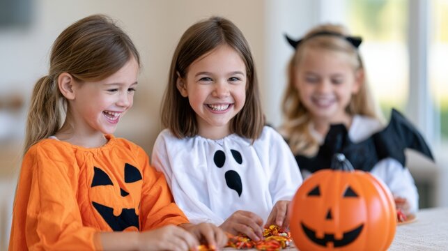 Three children in Halloween costumes, one in orange pumpkin outfit, another in white ghost attire, and a third in black bat costume, gathered around a pumpkin on a table