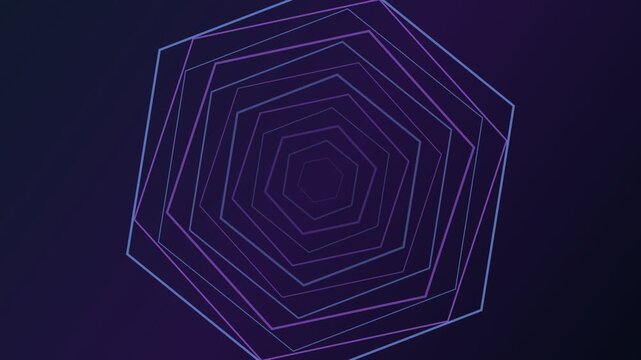 Abstract background with a hypnotic, spinning tunnel of glowing neon hexagons in purple and blue, creating a seamless and futuristic looping animation perfect for digital presentations