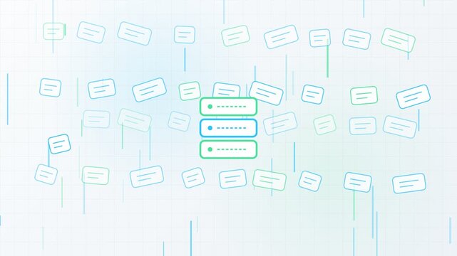 Animated password entry fields surrounded by abstract data packets floating on a grid background, illustrating concepts of online authentication, data encryption, and cybersecurity protection