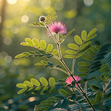 Mimosa pudica flower with delicate pink petals bathed in warm golden hour sunlight with soft bokeh background