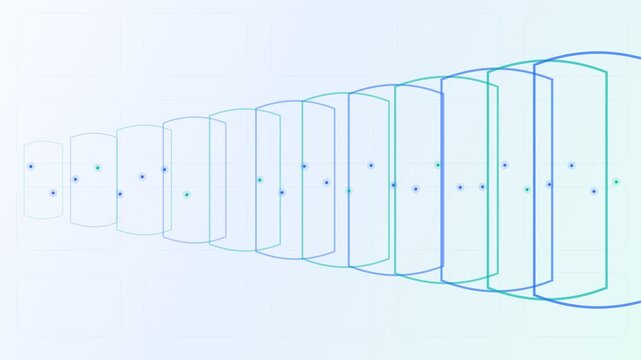 Futuristic abstract concept with expanding geometric blocks and data points moving on a clean white background, representing growth, network expansion, and technological innovation
