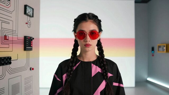 Futuristic woman in tech-themed interior with braided hair and red sunglasses