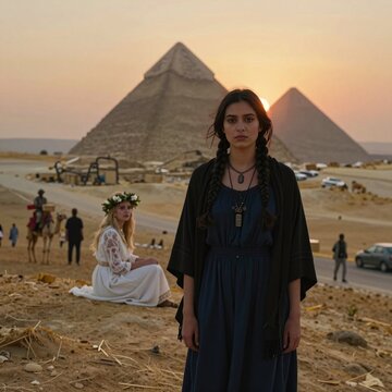 Giza Pyramids Sunset with Women in Historical Dress