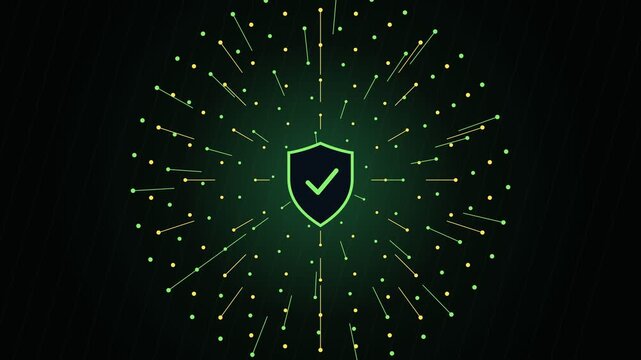 Animated green shield with a checkmark symbolizing successful data protection and online safety, surrounded by glowing particles representing a secure network and information technology
