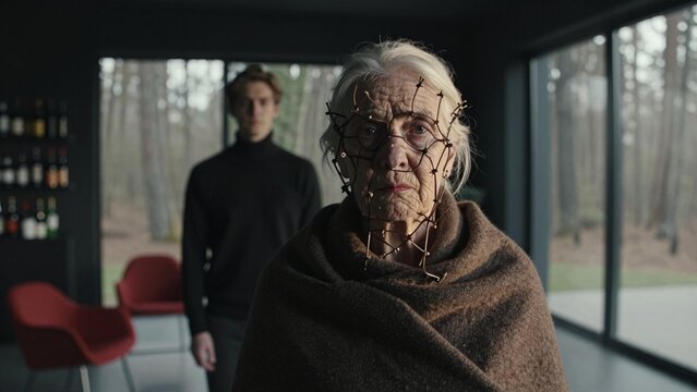 Elderly Woman with Facial Wire Mesh in Modern Interior Setting