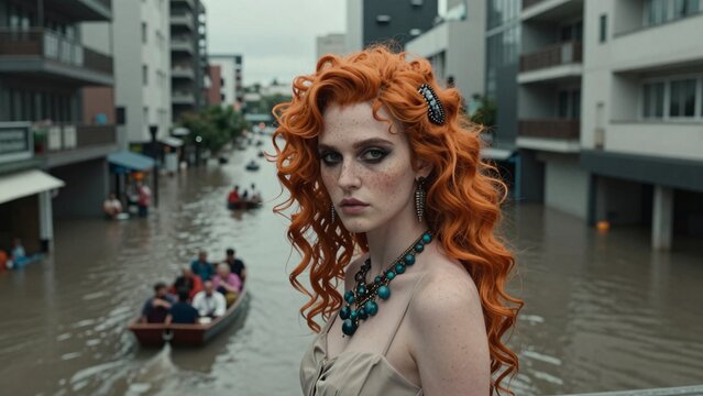 Flooded Urban Street with Red-Haired Woman in Beige Dress