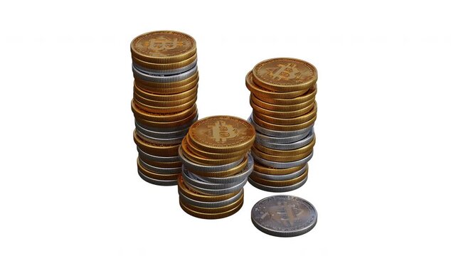 Gold and silver bitcoin coin stacks on solid white background, 4K loop animation of cryptocurrency investment, digital asset wealth, blockchain technology, and financial growth