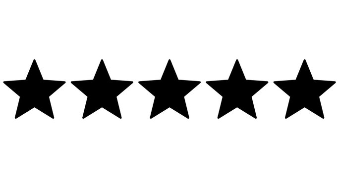 Five black stars in a row, 0-5 rating, review system. Isolated png illustration, transparent background. Asset for overlay, pattern, montage, collage. Business, customer feedback concept