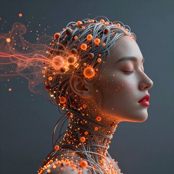 Futuristic Human with Cybernetic Neural Network and Glowing Orbs