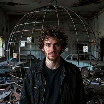 Man with Curly Hair in Abandoned Factory with Metal Globe