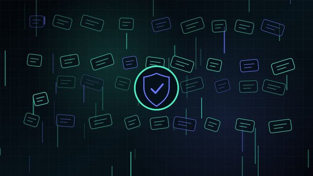 Futuristic animation showing a central shield icon protecting digital data packets, representing concepts like cybersecurity, antivirus software, online privacy, and secure information transfer