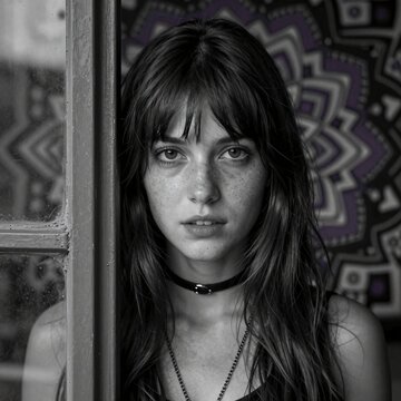 Portrait of a Freckled Young Woman with Long Hair Against Geometric Background