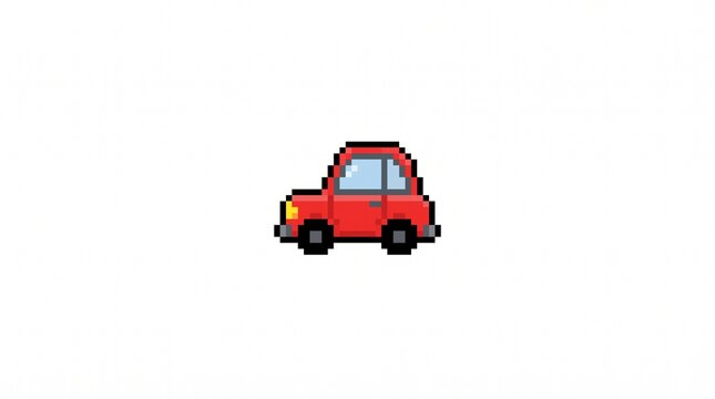 Minimalist red pixel art car icon isolated on white background for retro video games mobile apps and nostalgic graphic design projects