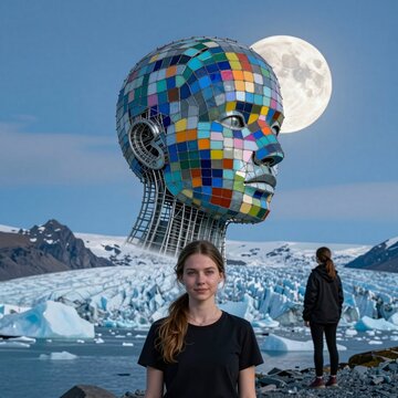 Mosaic Head Sculpture Against Glacial Landscape
