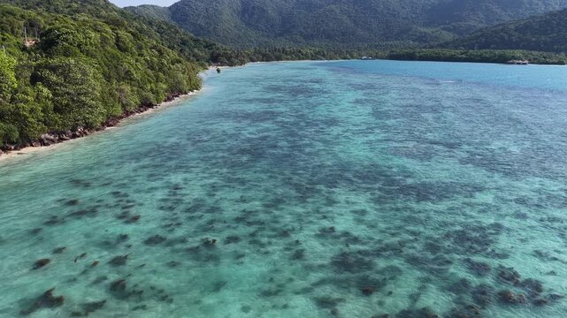 Aerial view of turquoise waters and coral reefs along the lush green coastline of Karimunjawa, Central Java, Indonesia.