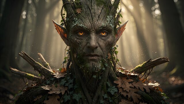 Fantasy portrait of a treant or an oak forest guardian within a dense sun-dappled woodland illuminated by golden sunlight, the  tree-like creature is partially fused with the surrounding forest
