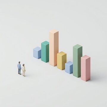Two tiny people standing in front of a colorful 3d bar chart representing growth and business data analysis