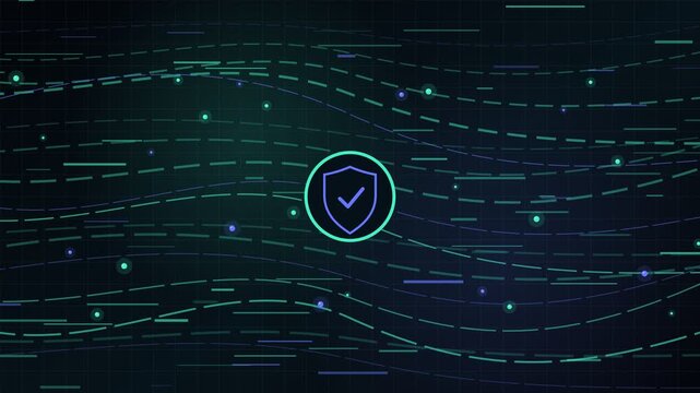 Digital animation showing a security shield icon with a checkmark protecting against a flowing stream of data, representing cybersecurity, antivirus protection, and online privacy concepts