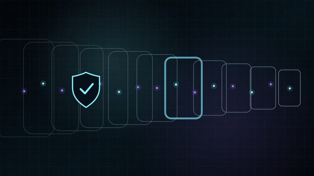 Abstract animation showing secure data blocks on a futuristic digital grid, representing concepts of cybersecurity, encryption, data integrity, and decentralized ledger technology in finance