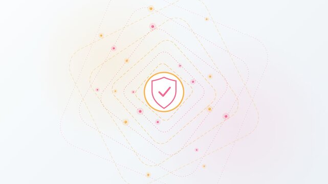 Animated shield icon with a checkmark symbolizing data protection and cybersecurity, surrounded by a pulsating network of abstract connecting lines and dots on a clean white background