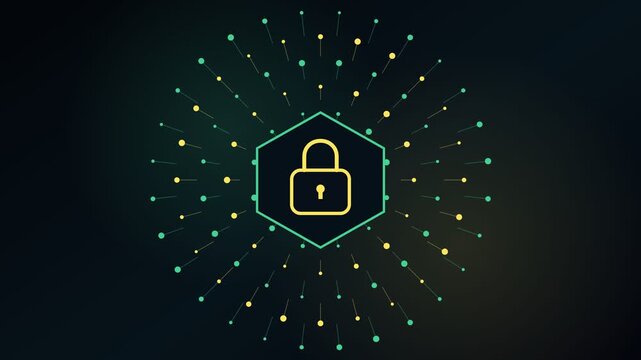 Pulsating padlock icon within a hexagon symbolizing data protection and network security, with animated particles radiating outwards on a dark background, representing digital information flow