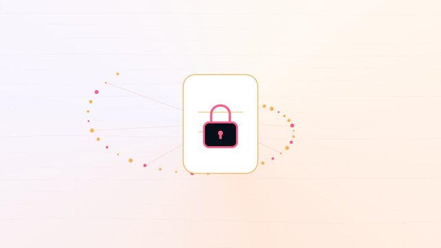 Animated padlock icon representing digital data protection and network cybersecurity, floating on a white background with orbiting particles, illustrating information safety and privacy