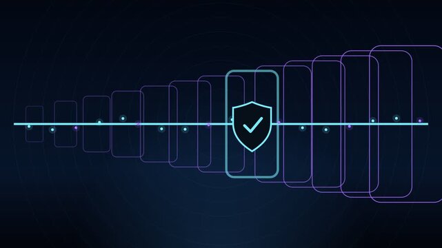 Abstract futuristic animation showing a secure data point, represented by a shield icon with a checkmark, moving along a digital timeline with flowing information blocks on a dark background