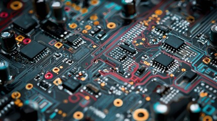 Fototapeta premium Detailed circuit board with glowing red lines and microchips in macro view during technological innovation concept