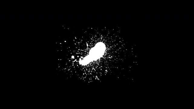 Monochromatic animation of white grunge ink splatter, ink splash, ink drops isolated on black background. Low frame rate effect. Seamless loop.