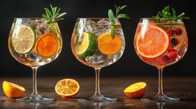 Three citrus cocktails, garnished, dark background, bar menu