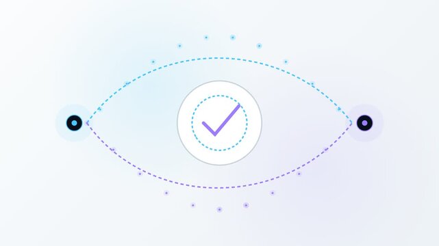Animated check mark symbol inside a blinking eye shape on a clean white background, representing concepts like approval, vision, security, verification, and successful completion of a task