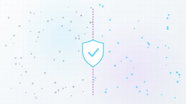 Animated concept of online protection, showing a security shield icon acting as a firewall against digital threats and filtering data packets in a network environment, ensuring privacy and safety