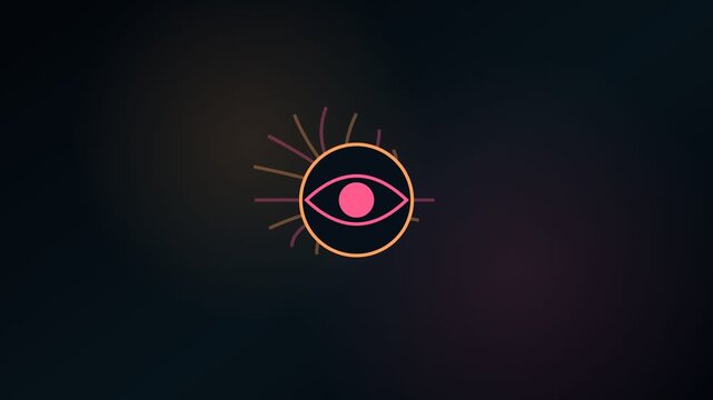 Mystical pink and orange eye icon pulsing with energy, symbolizing sight, consciousness, and spirituality. Abstract animation on a dark, blurred background representing mystery and perception