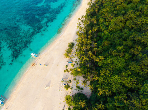 Aerial view of Puka Shell Beach in Boracay with turquoise water, white sand, and lush palm trees along the coastline in Malay, Western Visayas, Philippines.