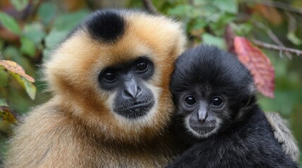 Fototapeta premium Mother and infant gibbon bonding with soft natural light in lush green foliage