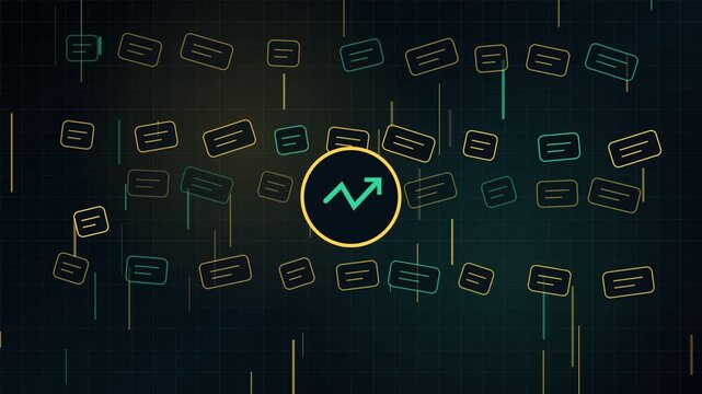 Animated chart showing rising stock market prices and financial growth, with a central arrow icon indicating a positive trend and bullish market analysis against a dark gridded background